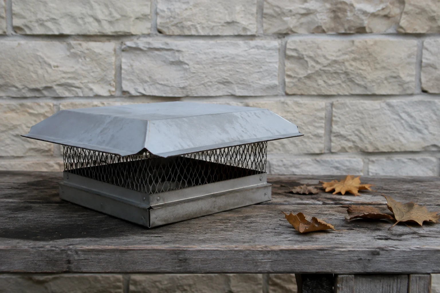 Rectangular metal chimney cap with mesh sides resting on a weathered wooden bench beside fallen leaves.