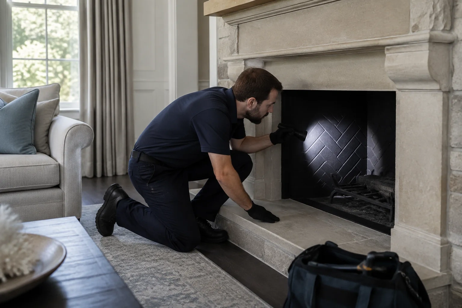 Person kneeling at a stone fireplace and shining a flashlight on the dark herringbone-patterned interior.